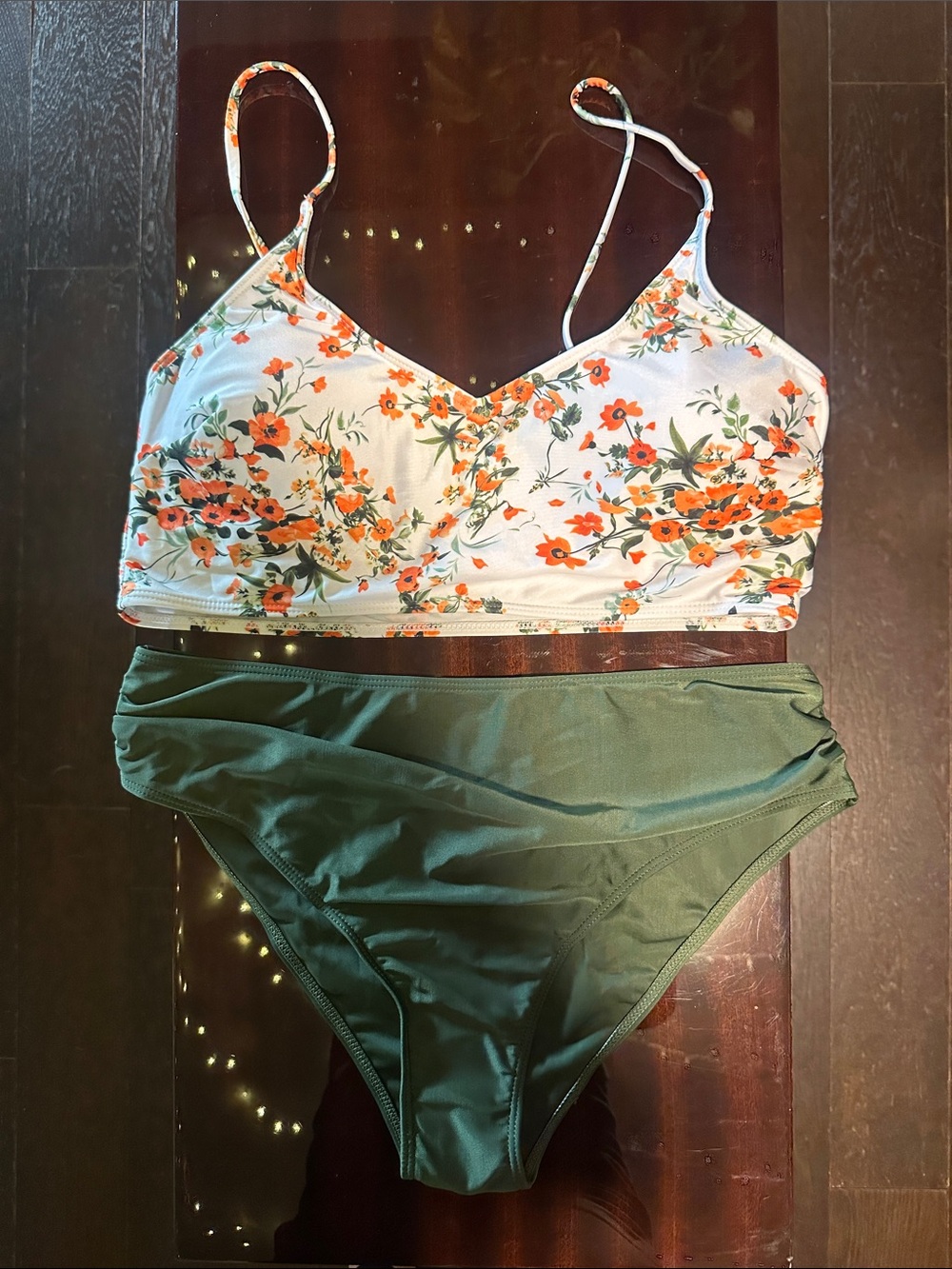Floral White & Orange Bralette Bikini Top with Green High-Waist Bottoms